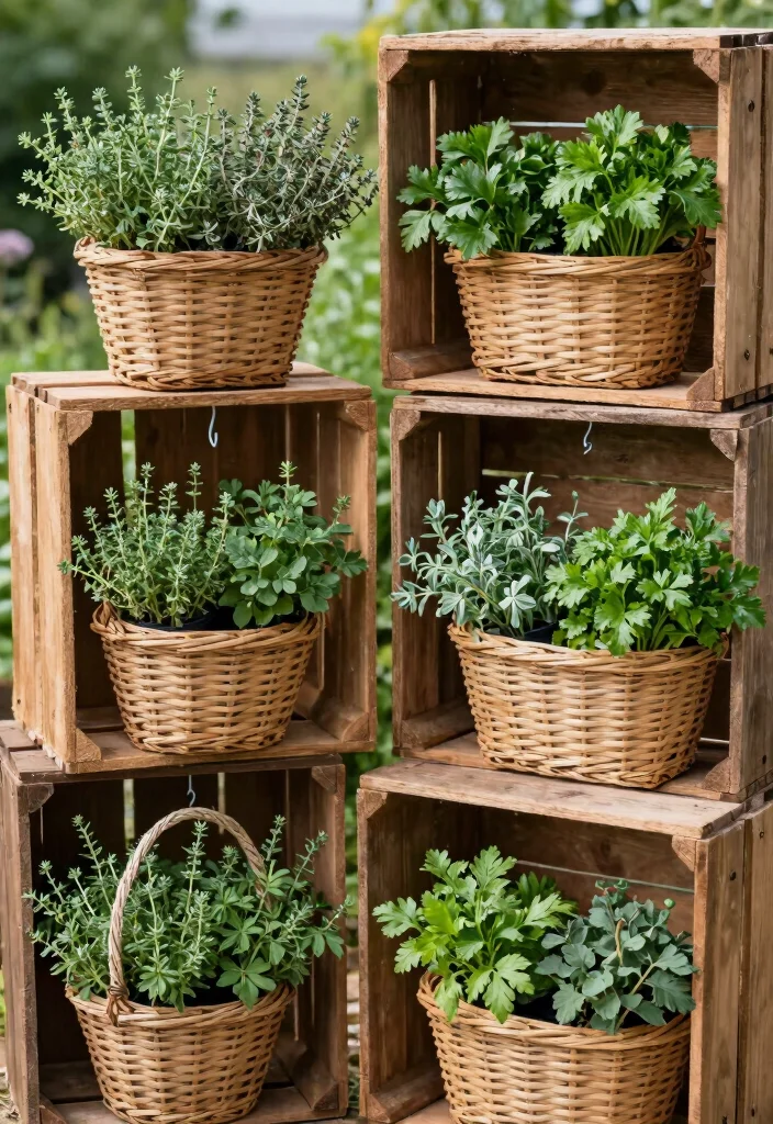 15 Herb Planter Ideas Outdoors for a Fresh Kitchen Garden 7 15 Herb Planter Ideas Outdoors for a Fresh Kitchen Garden - 7. Repurposed Crates and Baskets 1