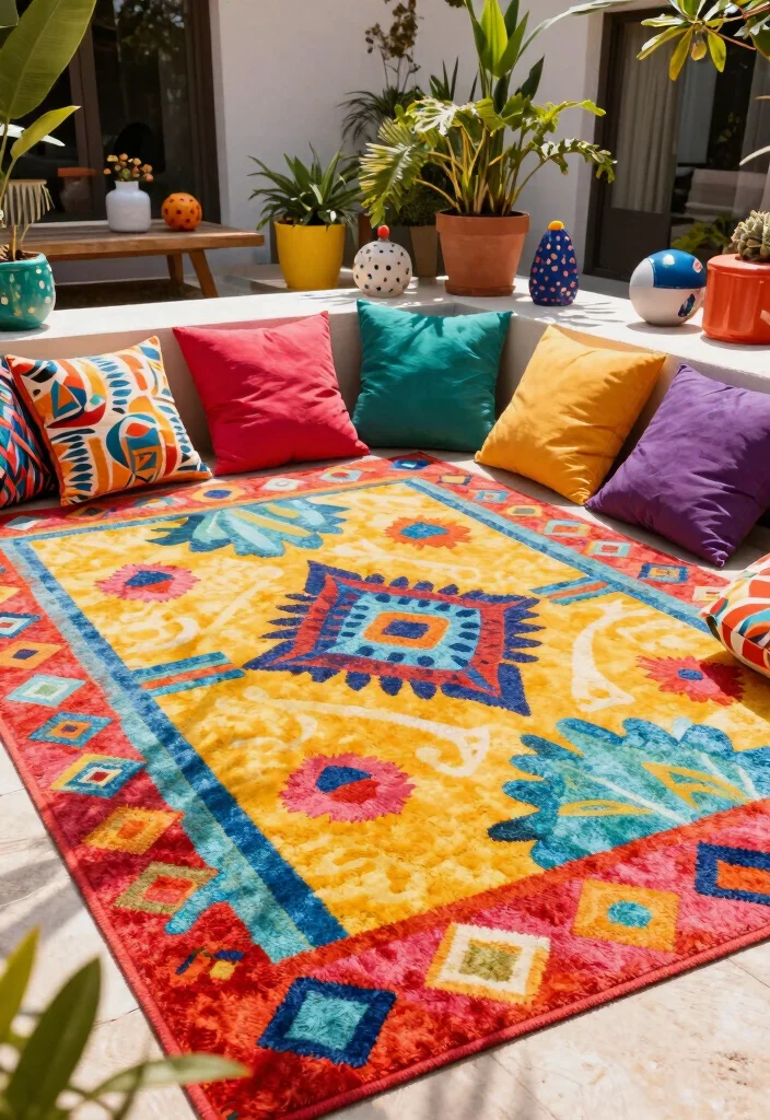 15 Outdoor Rugs Patio Ideas: Color & Comfort Underfoot - 13. Adding Pop with Bright Colors 1