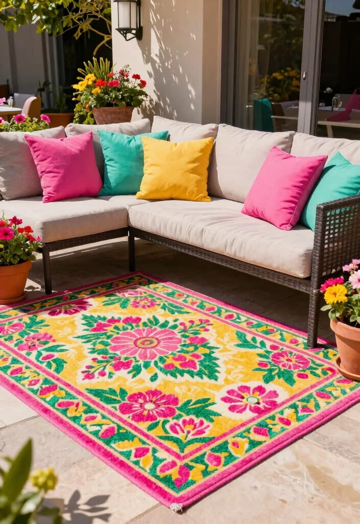 15 Outdoor Rugs Patio Ideas: Color & Comfort Underfoot - 3. Floral Designs for a Touch of Whimsy 1