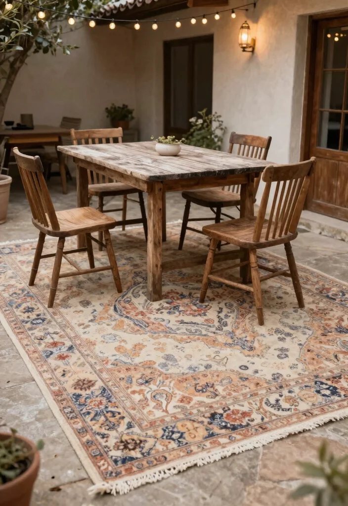 15 Outdoor Rugs Patio Ideas: Color & Comfort Underfoot - 7. Rustic Charm with Vintage Rugs 1