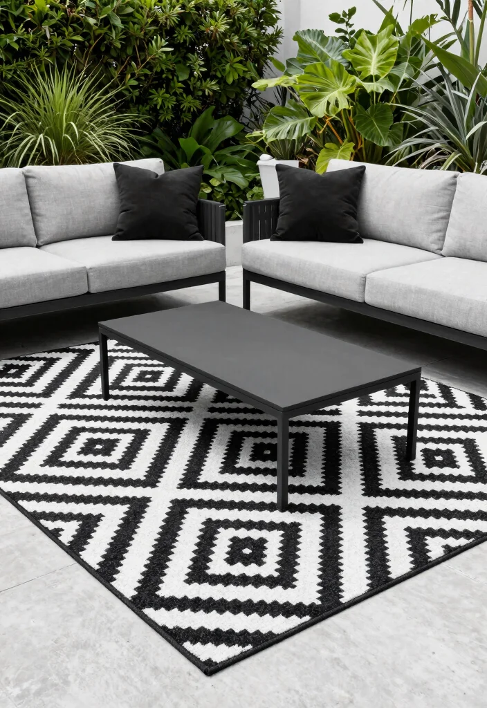 15 Outdoor Rugs Patio Ideas: Color & Comfort Underfoot - 8. Going Monochrome 1