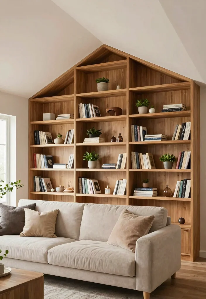 15 Slanted Ceiling Living Room Ideas: Smart Cozy Angles 1 15 Slanted Ceiling Living Room Ideas: Smart Cozy Angles - 1. Embrace the Angle with Built-In Shelving 1