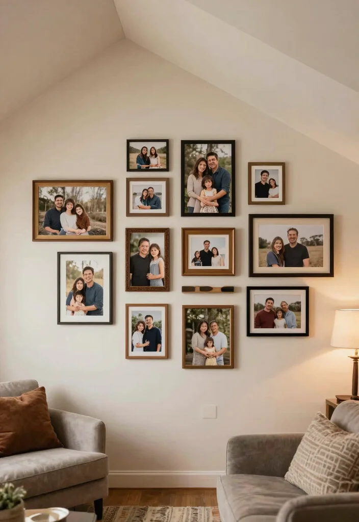 15 Slanted Ceiling Living Room Ideas: Smart Cozy Angles 14 15 Slanted Ceiling Living Room Ideas: Smart Cozy Angles - 14. Personal Touches with Family Photos 1