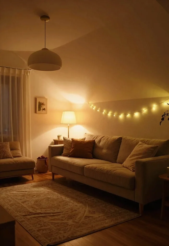 15 Slanted Ceiling Living Room Ideas: Smart Cozy Angles 3 15 Slanted Ceiling Living Room Ideas: Smart Cozy Angles - 3. Soft Lighting for Cozy Ambiance 1