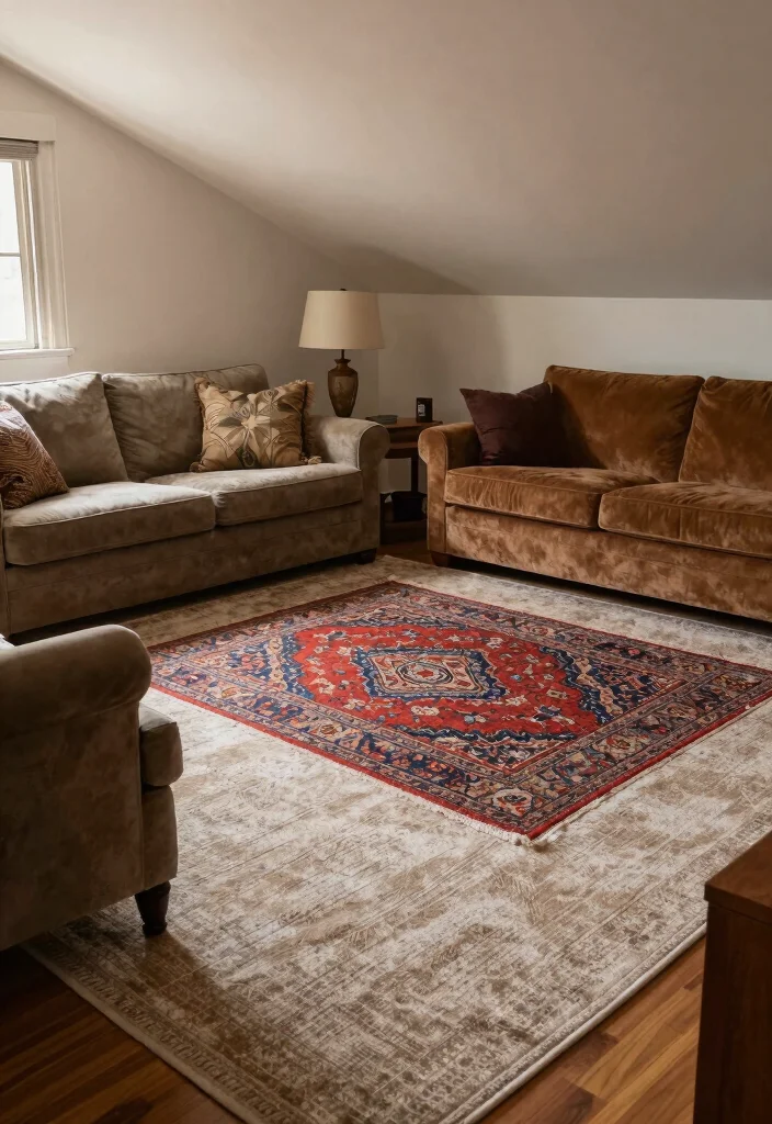 15 Slanted Ceiling Living Room Ideas: Smart Cozy Angles 7 15 Slanted Ceiling Living Room Ideas: Smart Cozy Angles - 7. Layered Rugs for Comfort 1