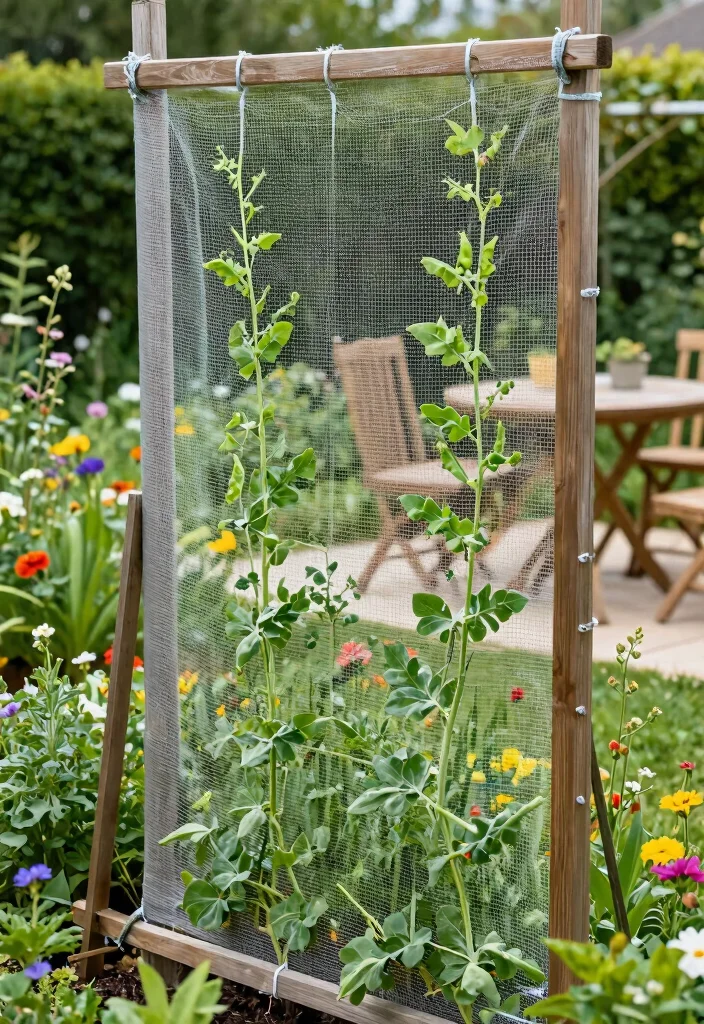 15 Snap Pea Trellis Ideas for a Productive Vertical Garden 2 15 Snap Pea Trellis Ideas for a Productive Vertical Garden - 2. Mesh Netting Trellis 1
