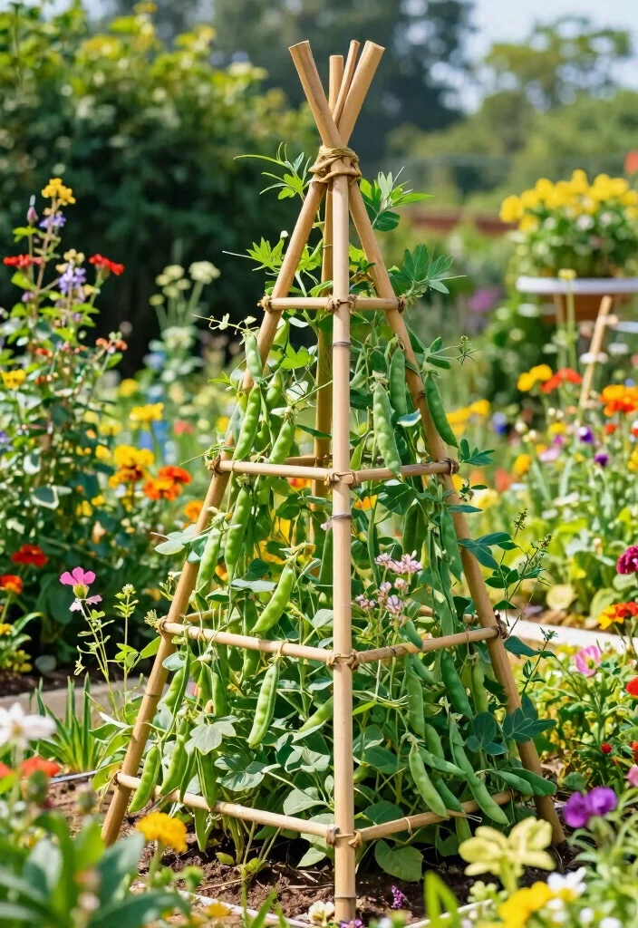 15 Snap Pea Trellis Ideas for a Productive Vertical Garden 3 15 Snap Pea Trellis Ideas for a Productive Vertical Garden - 3. Bamboo Pole Trellis 1