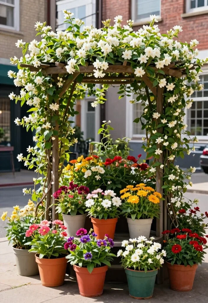 15 Star Jasmine Pergola Ideas: Fragrant Green Canopy - 11. Vibrant Container Garden 1