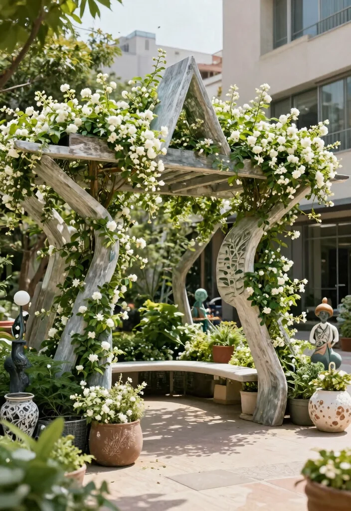 15 Star Jasmine Pergola Ideas: Fragrant Green Canopy - 14. Artistic Garden Structure 1