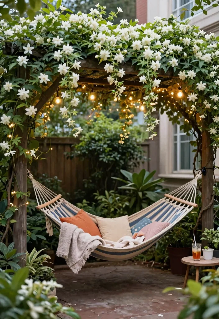 15 Star Jasmine Pergola Ideas: Fragrant Green Canopy - 6. Cozy Hammock Haven 1