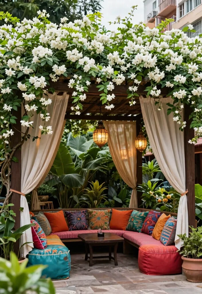 15 Star Jasmine Pergola Ideas: Fragrant Green Canopy - 8. Exotic Lounge Area 1