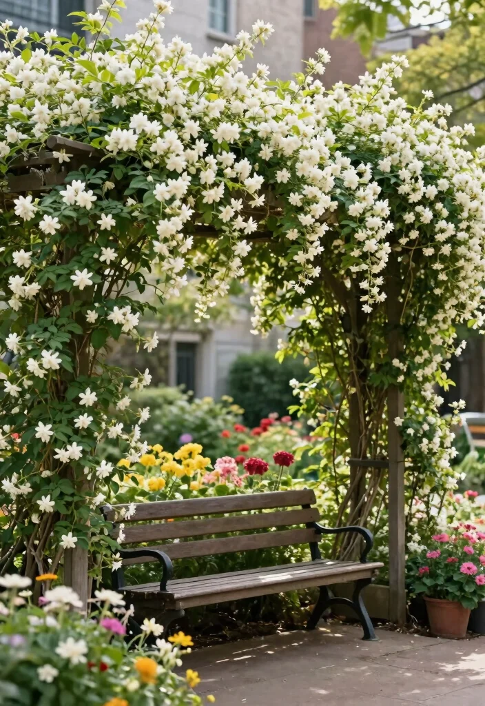 15 Star Jasmine Pergola Ideas: Fragrant Green Canopy - 9. Flowering Bench Spot 1
