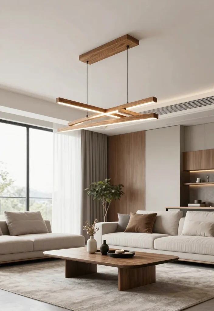 15 Wood Ceiling Lighting Ideas for a Cozy Ambient Glow - 4. Contemporary Wood Fixtures for a Sleek Appeal 1