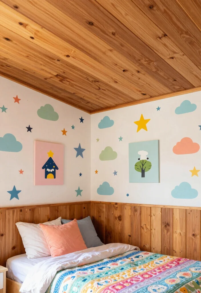 16 Ceiling Wood Panels Ideas: Warm Natural Texture - 10. Rustic Wood Panel and Wallpaper Combo 1