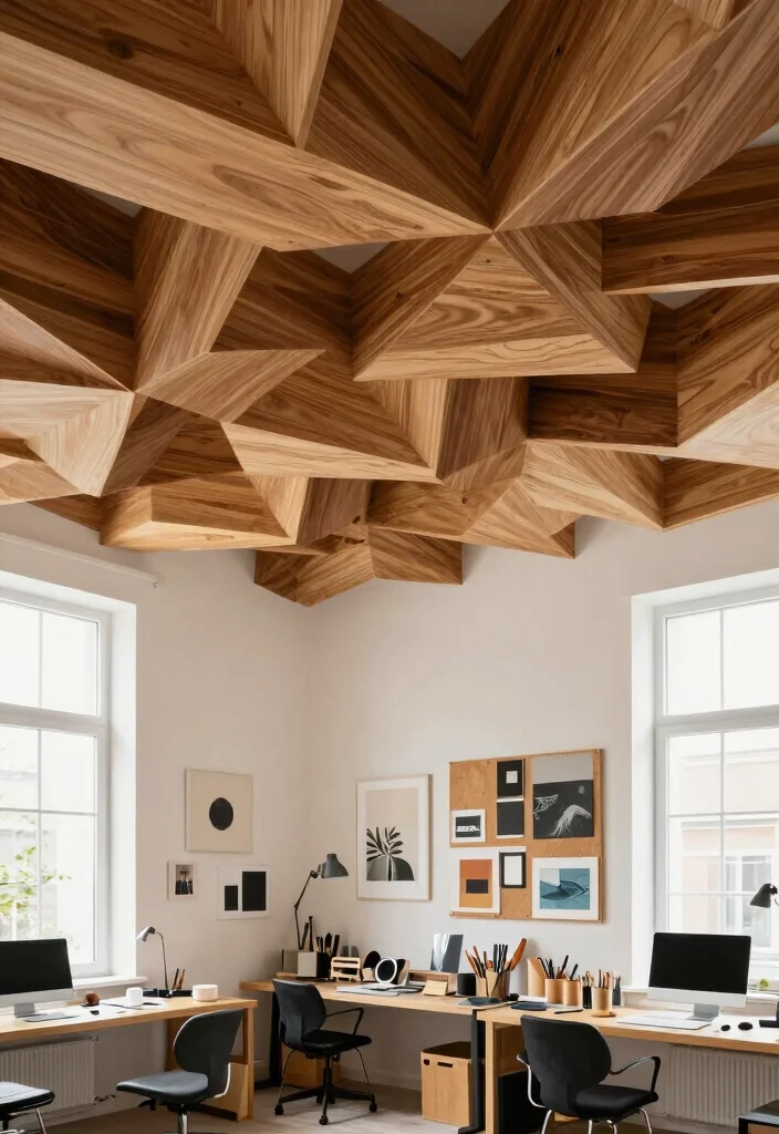 16 Ceiling Wood Panels Ideas: Warm Natural Texture - 14. Modern Geometric Wood Panels 1