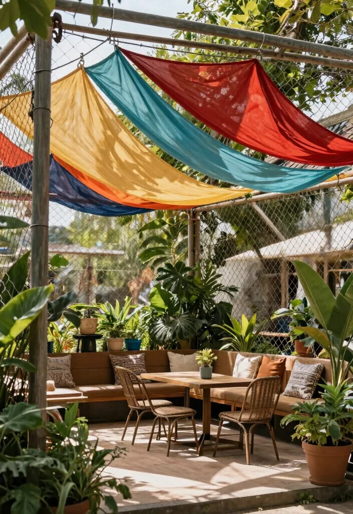 16 Chain Link Fence Decorating Ideas: Creative Privacy Hacks - 12. Outdoor Fabric Canopies 1