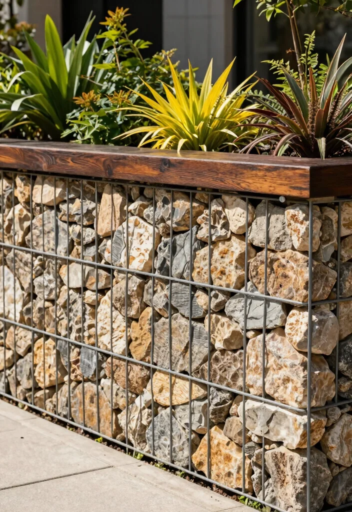 16 Dark Brown Fence Ideas Rich Grounded Appeal - 6. Gabion Wall with Dark Brown Wood 1