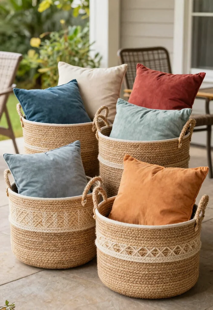 16 Patio Cushion Storage Ideas: Tidy Weatherproof Solutions 4 16 Patio Cushion Storage Ideas: Tidy Weatherproof Solutions - 4. Decorative Storage Baskets 1