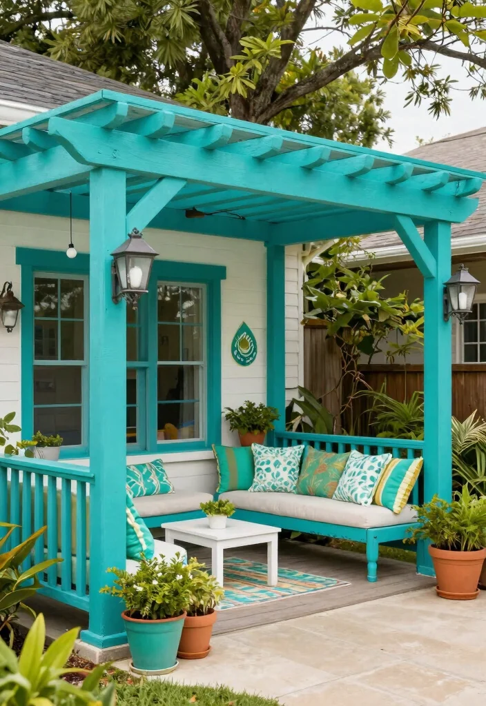 16 Porch Pergola Ideas Welcoming Front Entry Shade - 11. Colorful Painted Pergola 1