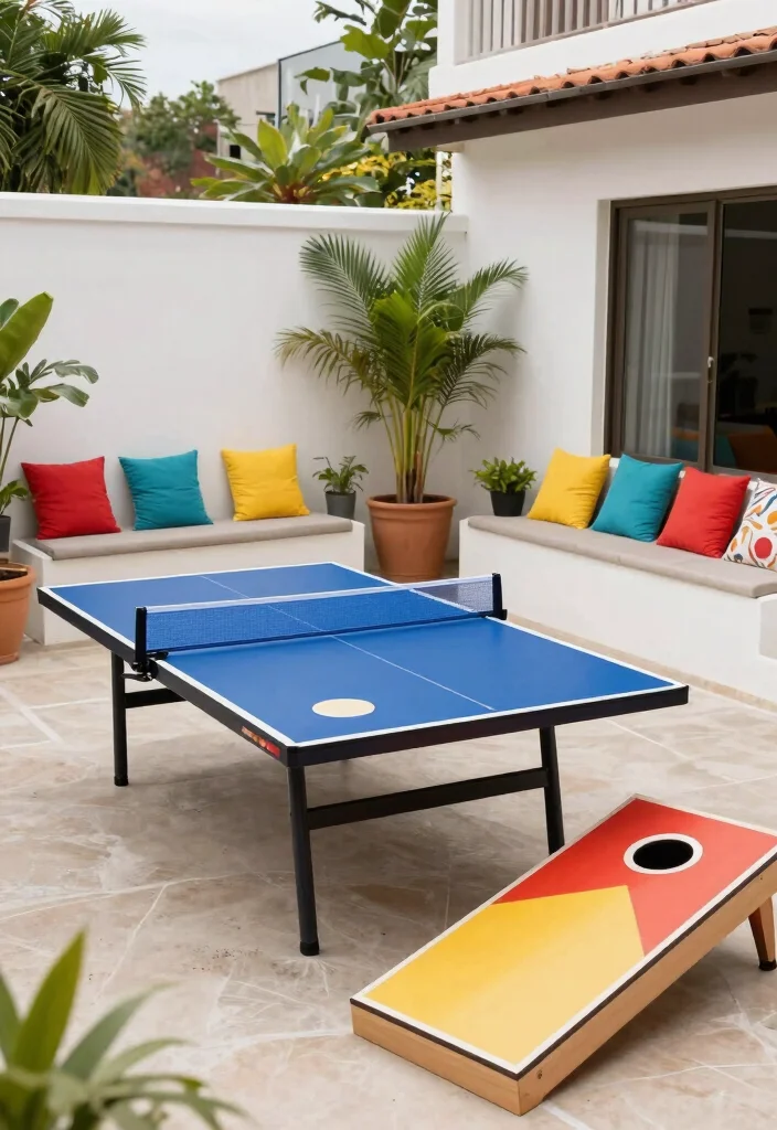 16 Terrace Living Room Ideas for Indoor-Outdoor Flow - 12. Playful Outdoor Games 1