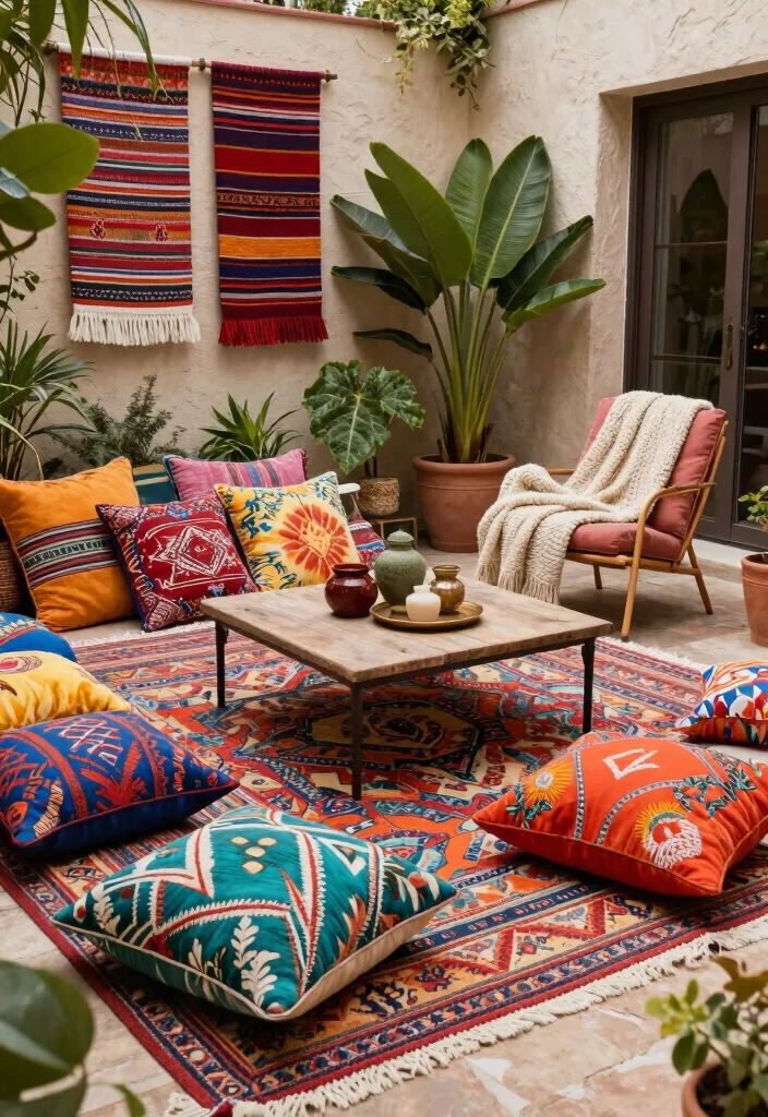 16 Terrace Living Room Ideas for Indoor-Outdoor Flow - 5. Colorful Textile Layering 1