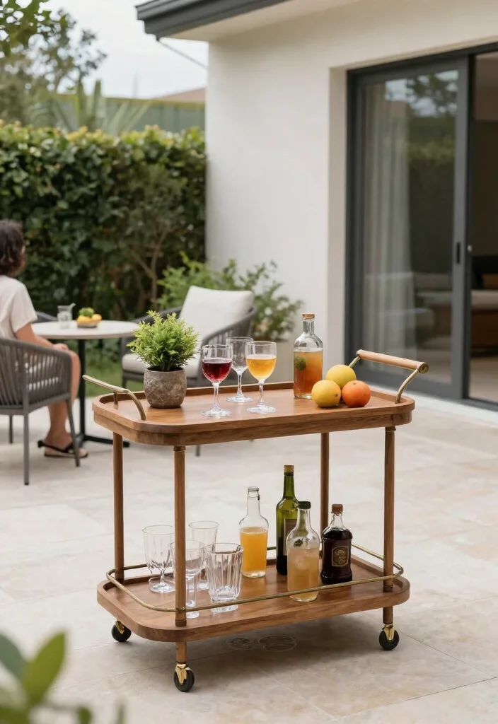 16 Terrace Living Room Ideas for Indoor-Outdoor Flow - 6. Stylish Bar Cart Setup 1