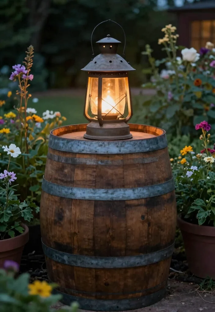 16 Whiskey Barrel Planter Ideas for Rustic Garden Charm - 10. Rustic Lantern Support 1
