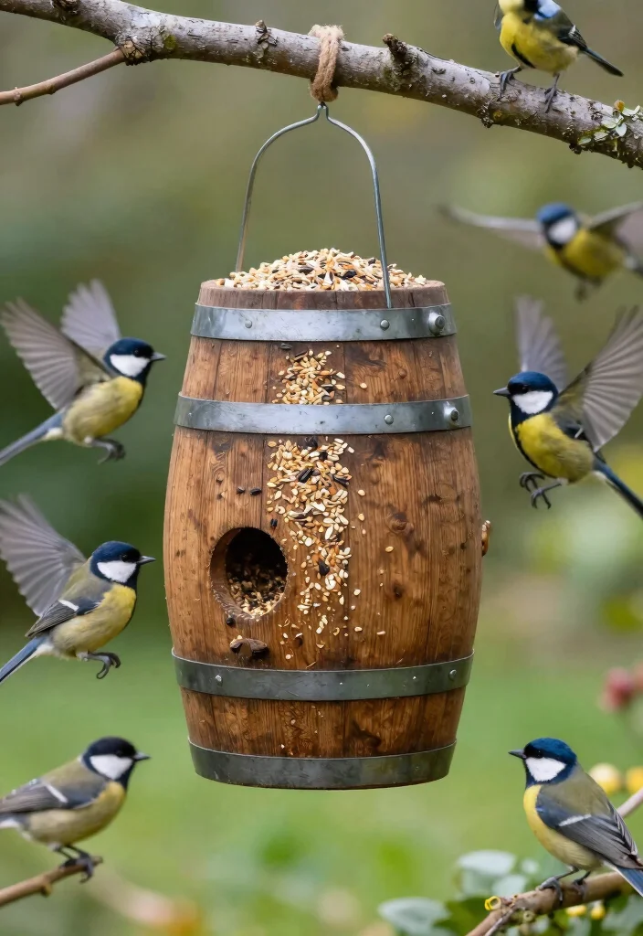 16 Whiskey Barrel Planter Ideas for Rustic Garden Charm - 12. Rustic Bird Feeder 1