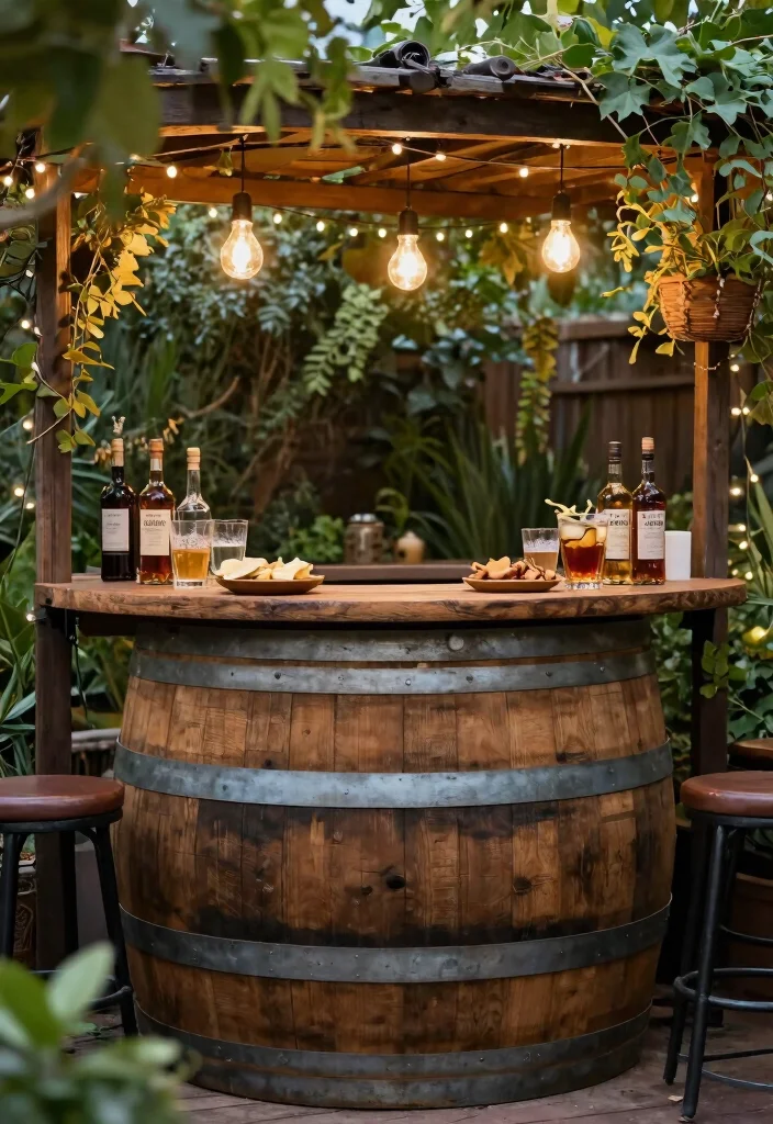 16 Whiskey Barrel Planter Ideas for Rustic Garden Charm - 13. Vintage Garden Bar 1