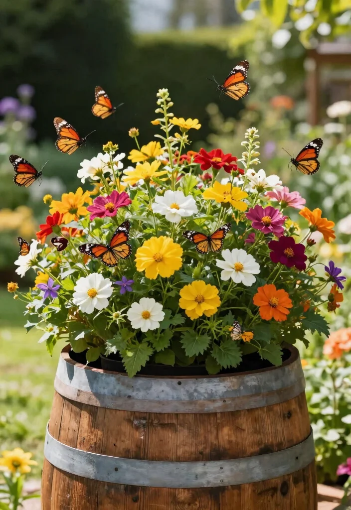 16 Whiskey Barrel Planter Ideas for Rustic Garden Charm - 14. Butterfly Garden Planter 1
