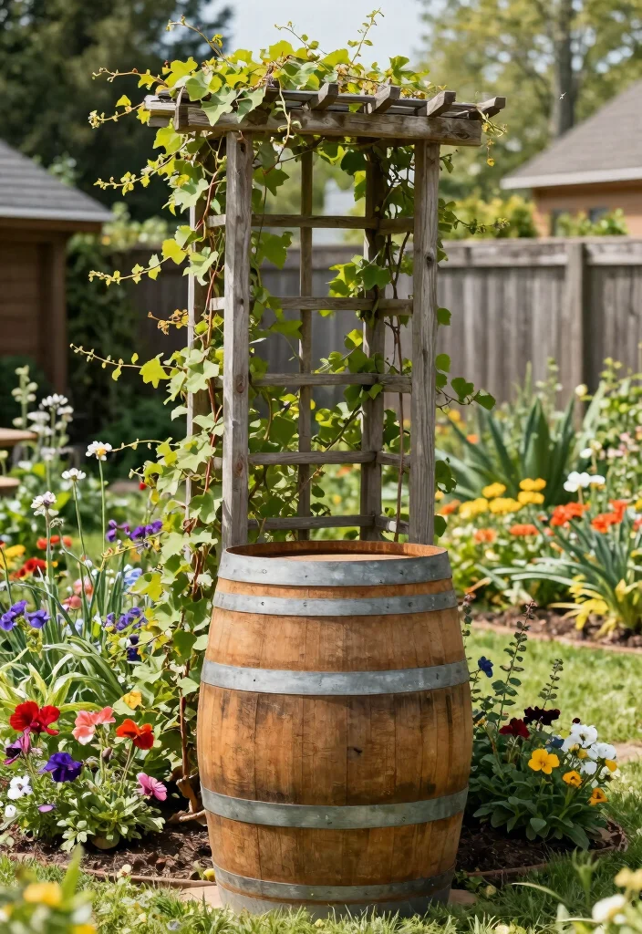 16 Whiskey Barrel Planter Ideas for Rustic Garden Charm - 15. Rustic Garden Trellis 1