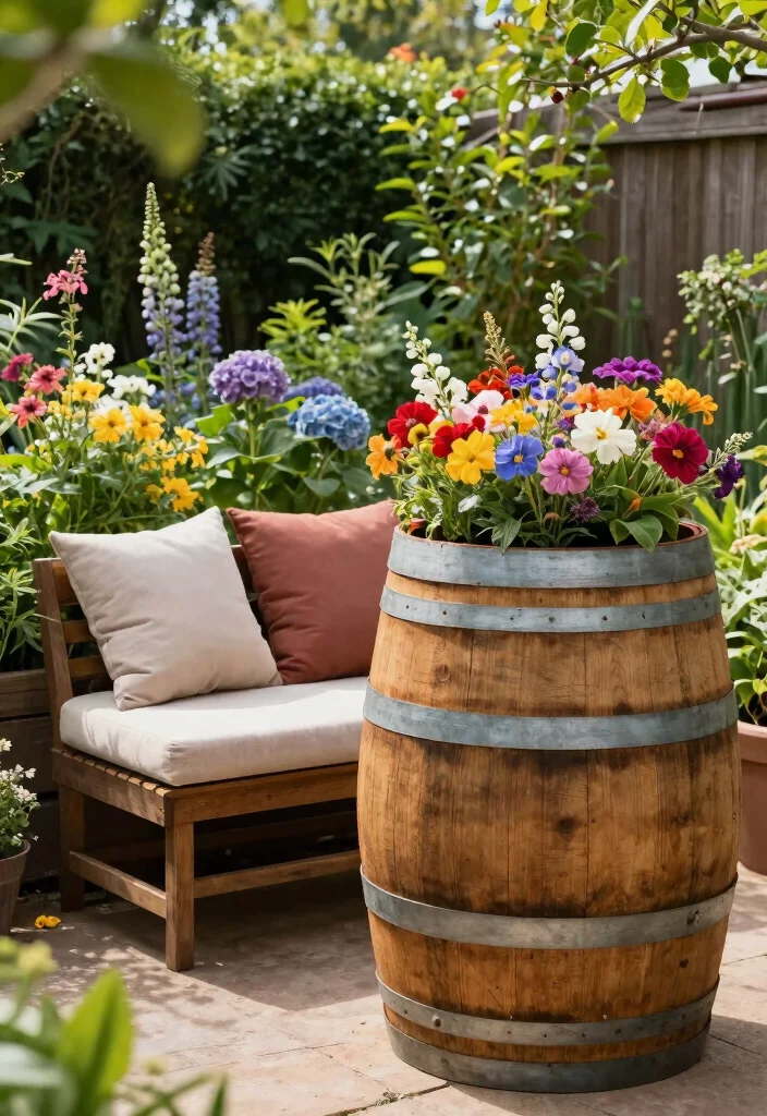 16 Whiskey Barrel Planter Ideas for Rustic Garden Charm - 16. Multi-Purpose Planter Bench 1