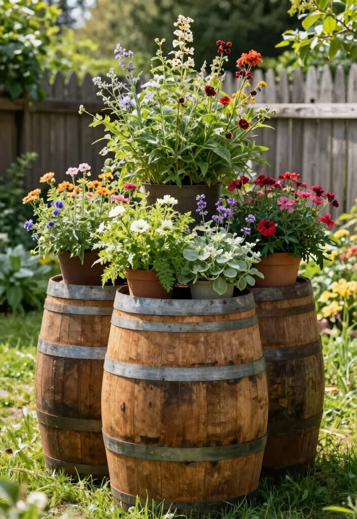 16 Whiskey Barrel Planter Ideas for Rustic Garden Charm - 2. Vertical Barrel Planter Tower 1