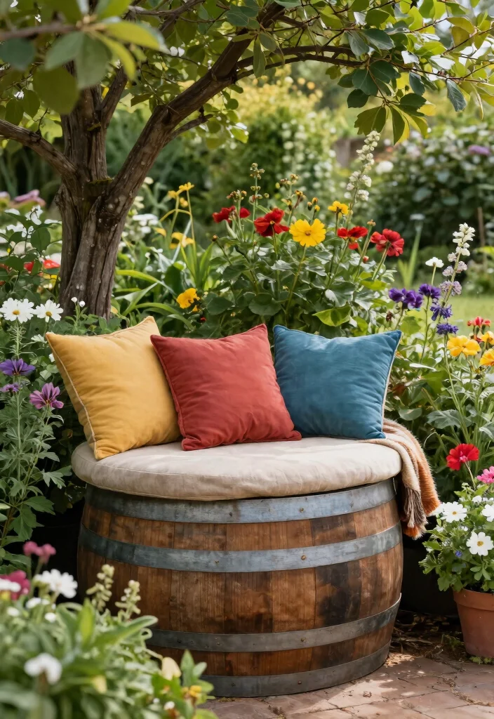 16 Whiskey Barrel Planter Ideas for Rustic Garden Charm - 5. Rustic Garden Seat 1