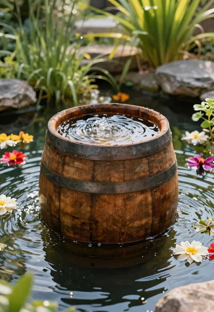 16 Whiskey Barrel Planter Ideas for Rustic Garden Charm - 7. Water Feature with Whiskey Barrel 1