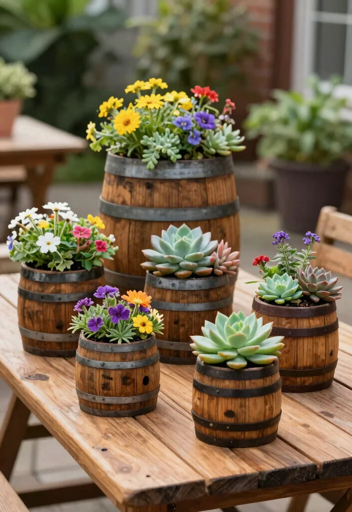 16 Whiskey Barrel Planter Ideas for Rustic Garden Charm - 8. Mini Whiskey Barrel Planters 1