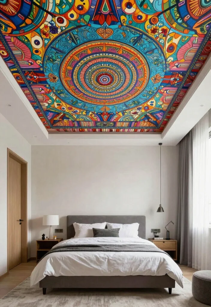 17 Down Ceiling Design Bedrooms Ideas for a Clean Layered Look - 16. Artistic Ceiling Murals 1