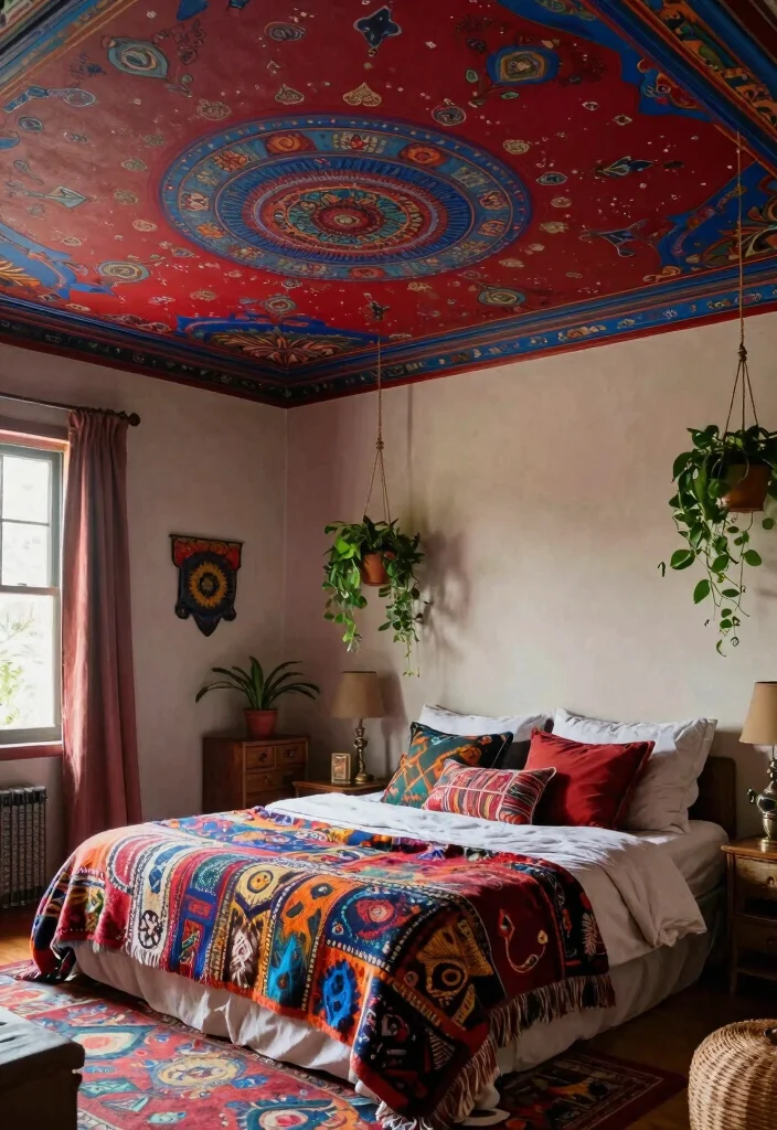 17 Painted Ceiling Bedroom Ideas: Bold Designer Statement - 13. Bohemian Patterns and Colors 1