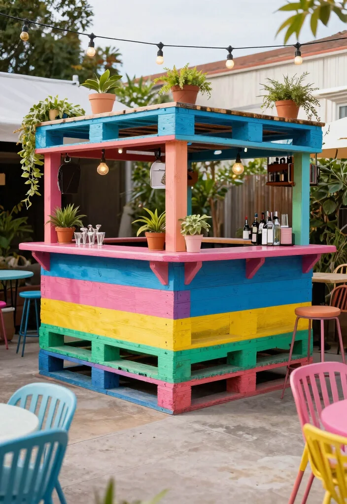 17 Patio Bar Ideas: Entertaining Outdoors Done Right - 6. Colorful Pallet Bar 1