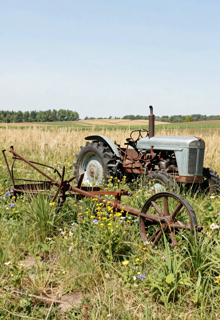 17 Ranch Fence Ideas for Rustic Wide Open Charm - 12. Vintage Farm Equipment Fencing 1