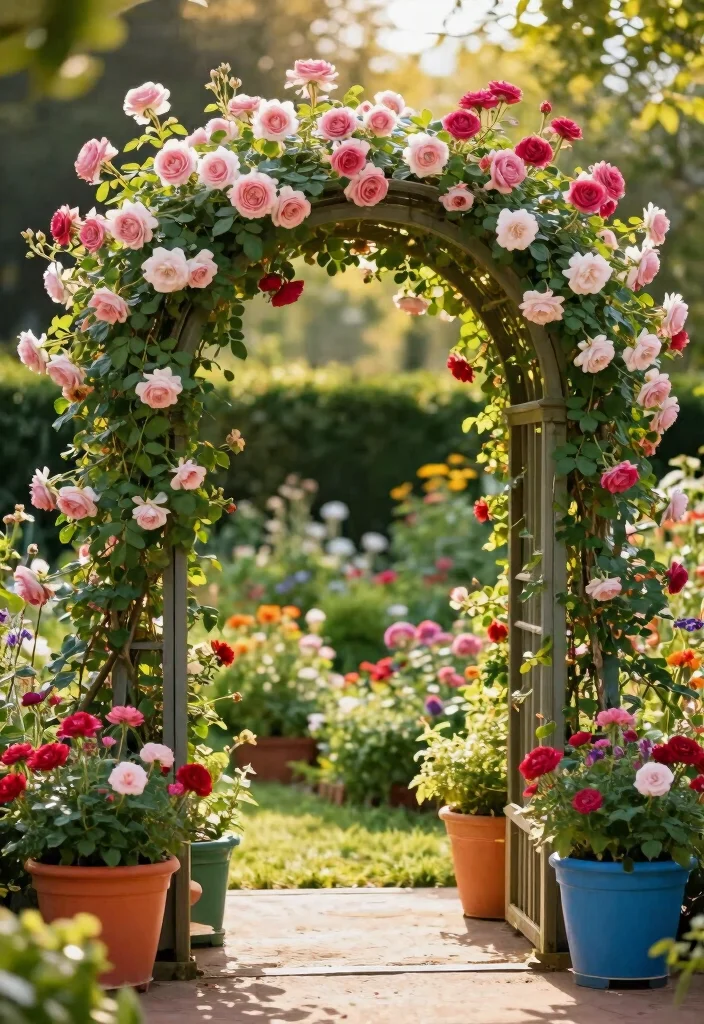 17 Rose Trellis Ideas: Romantic Blooming Structures - 8. Arching Trellis with Planters 1