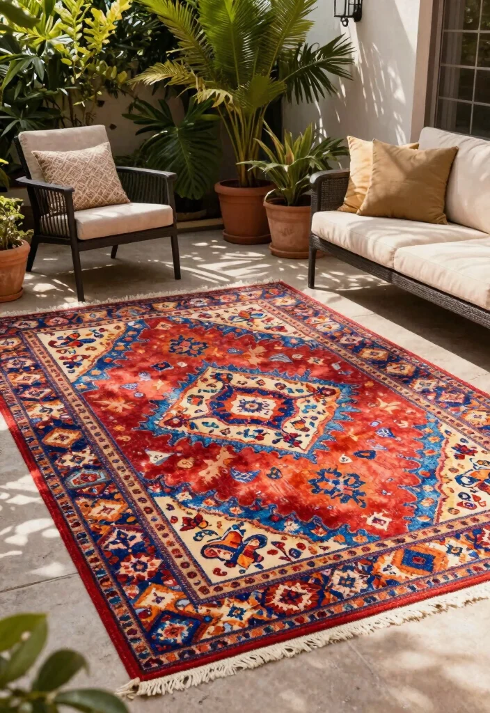 18 Concrete Patio Ideas on a Budget: Affordable Transformations 7 18 Concrete Patio Ideas on a Budget: Affordable Transformations - 7. Decorative Rugs 1