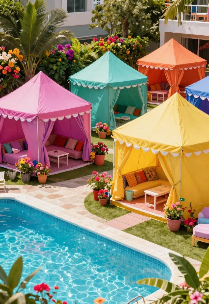 18 Covered Pool Patio Ideas for a Resort-Style Shade 17 18 Covered Pool Patio Ideas for a Resort-Style Shade - 17. Colorful Poolside Tents 1