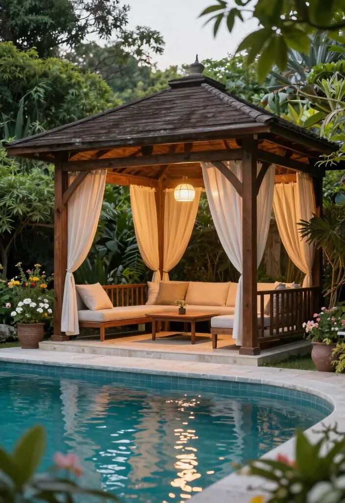 18 Covered Pool Patio Ideas for a Resort-Style Shade 5 18 Covered Pool Patio Ideas for a Resort-Style Shade - 5. Cozy Gazebo 1
