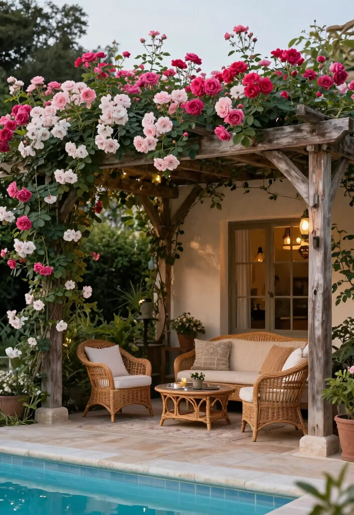 18 Covered Pool Patio Ideas for a Resort-Style Shade 9 18 Covered Pool Patio Ideas for a Resort-Style Shade - 9. Vintage Pergola with Climbing Roses 1