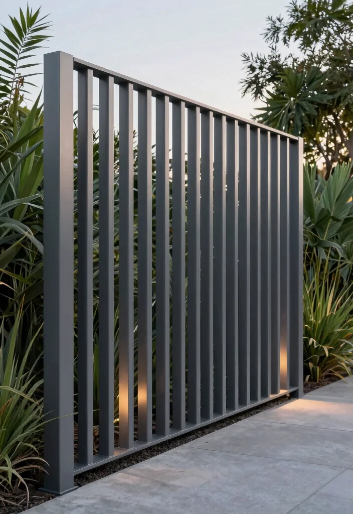 18 Metal Privacy Fence Ideas to Secure Your Modern Screening - 1. Minimalist Metal Slats 1