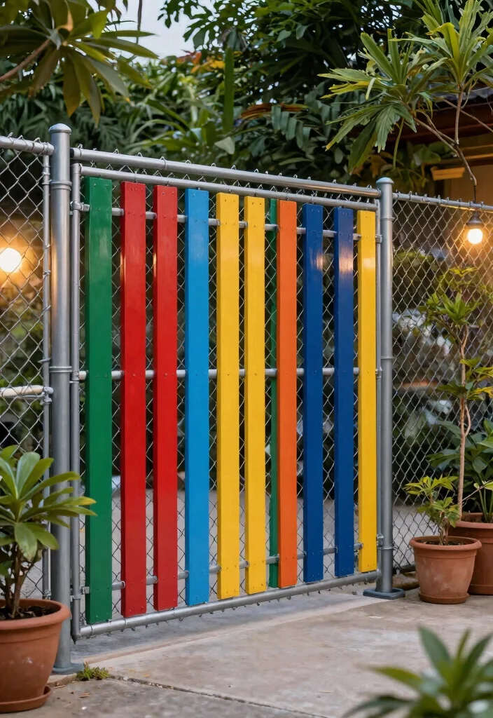 18 Metal Privacy Fence Ideas to Secure Your Modern Screening - 3. Industrial Chain-Link Fencing with Privacy Slats 1