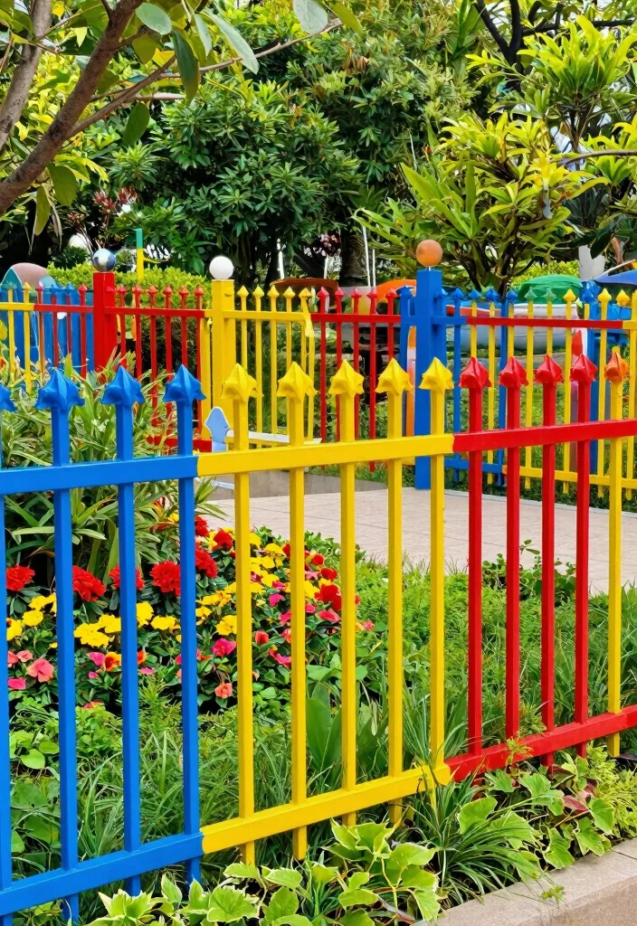 18 Metal Privacy Fence Ideas to Secure Your Modern Screening - 6. Colorful Metal Garden Fencing 1
