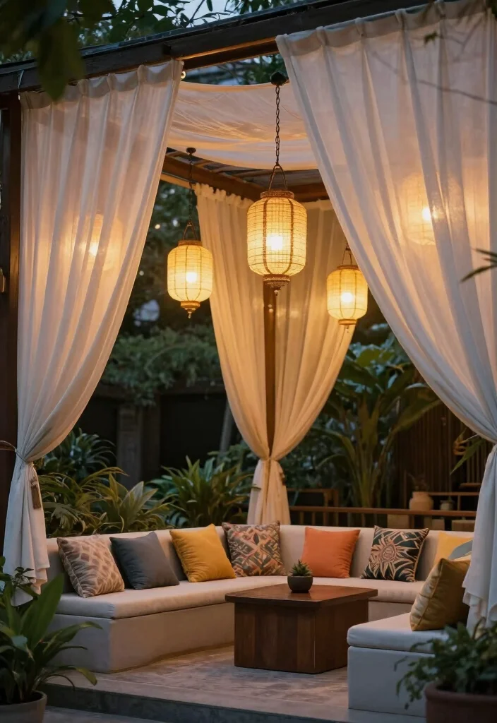 18 Patio Roof Extension Ideas: Shade Smart Upgrades - 16. Hanging Lanterns and Fabrics 1