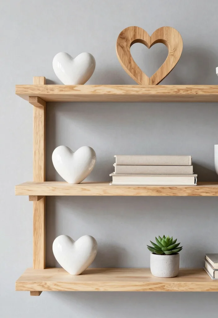 12 Heart Wall Decor Ideas That Don't Look Childish - 2. Minimalist Heart Shelf Decor 1